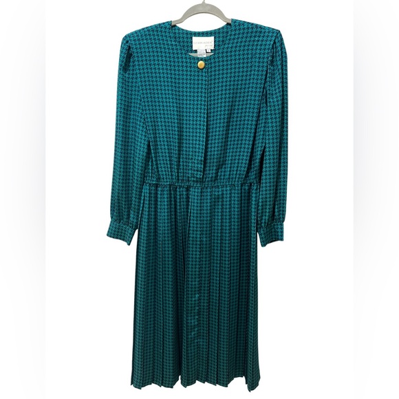 Schrader Vintage  Teal Navy Houndstooth Long Sleeve Pleated Dress SZ 12 P EUC - Picture 1 of 9
